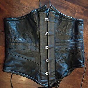 AQTH Genuine Black Leather Corset Bustier – Boned, Lace-Up, Gothic Steampunk